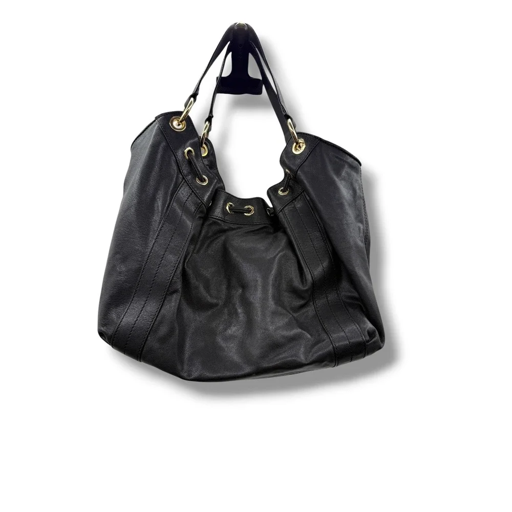 Michael Kors Black Pebbled Leather Hobo Bag Large Gold Hardware Drawstring Y2K